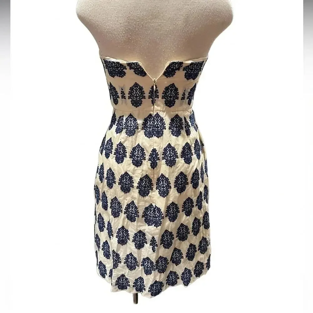 J. CREW FILIGREE-EMBROIDERED-STRAPLESS BEACH DRESS IVORY/BLUE SIZE 2